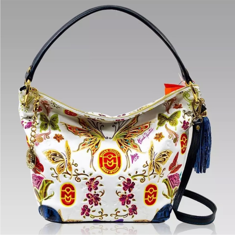 Marino Orlandi Designer Italian Handpainted Butterflies Leather Purse Bag Tote